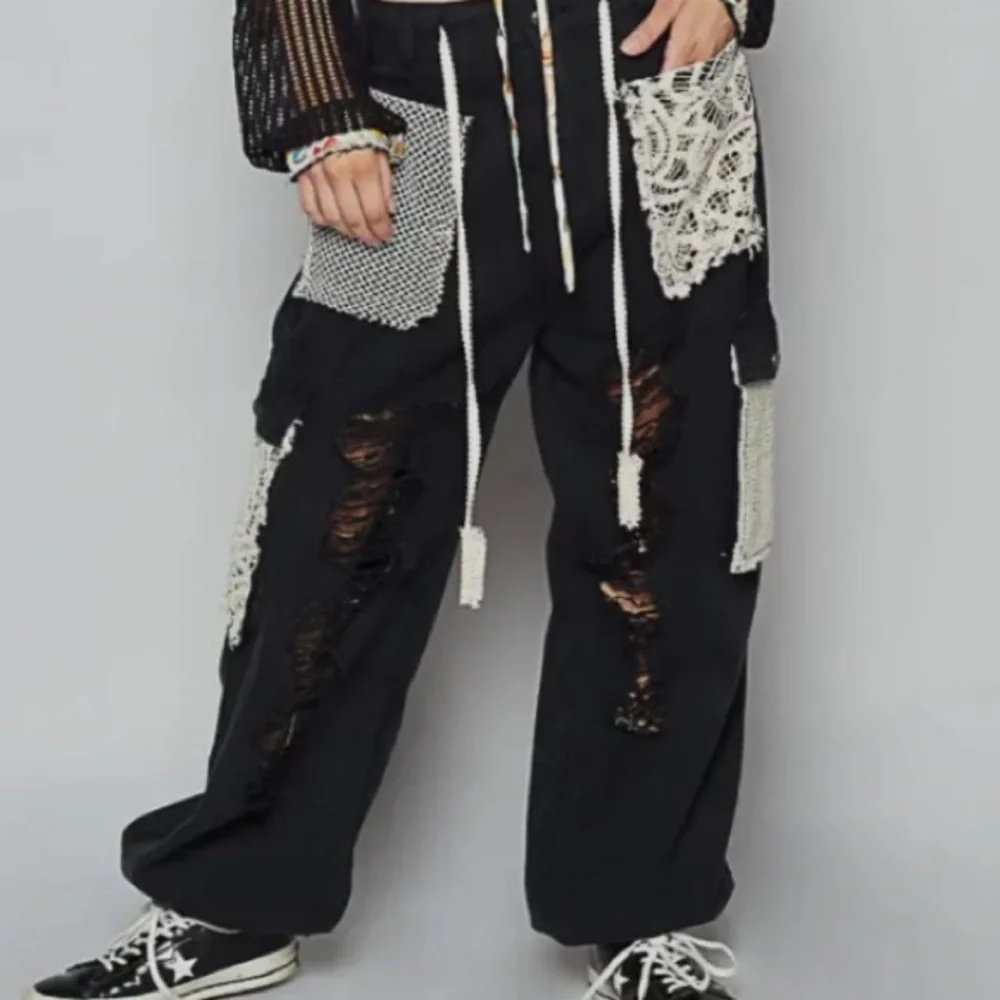 🆕 POL Crochet Patchwork Black Distressed Jogger Pants w/Lace and Knit Accents